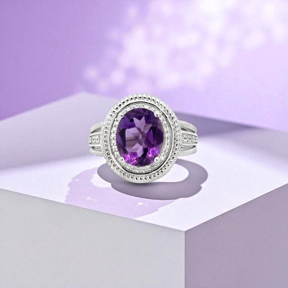 Jewelry - Amethyst and White Topaz Halo Ring in 925 Sterling Silver